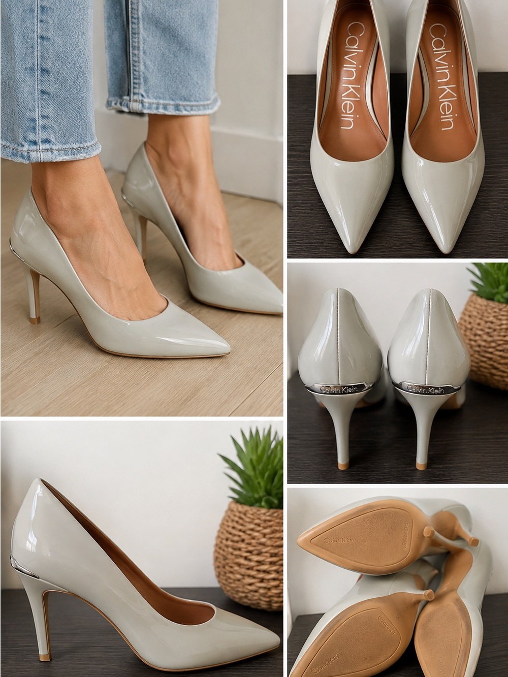 Calvin Klein Pale Sage Gray Patent Pointed-Toe Stiletto Pumps 7.5